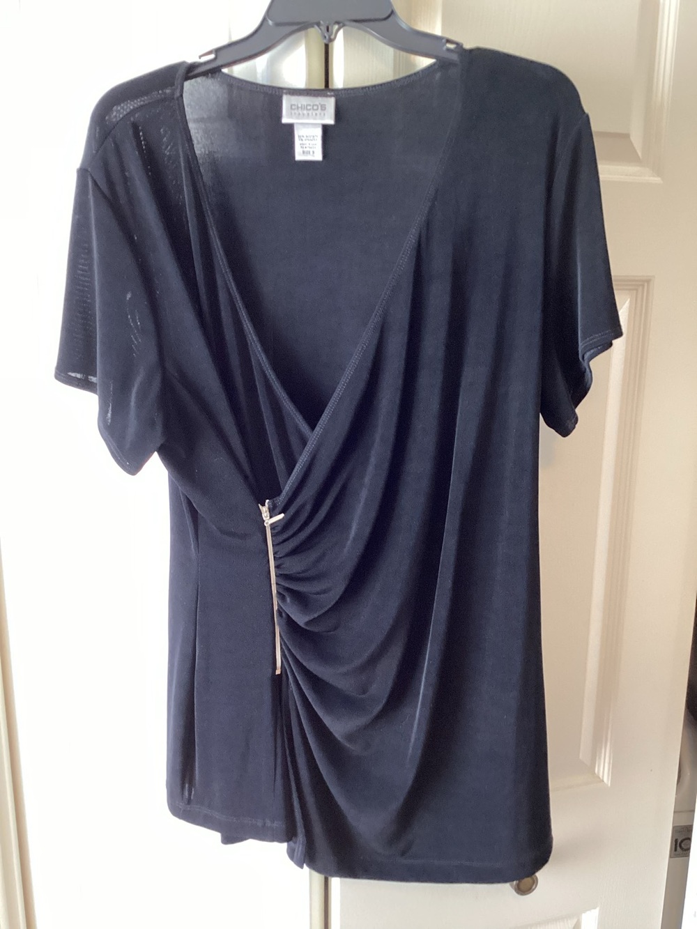 Chico's Navy Draped V-Neck Short Sleeve Top with Decorative Zip